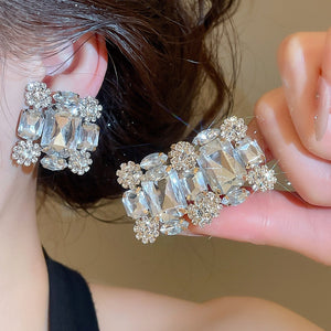 Light Luxury Square Crystal Full Rhinestone Copper Clip-on Earrings For Non Pierced Women
