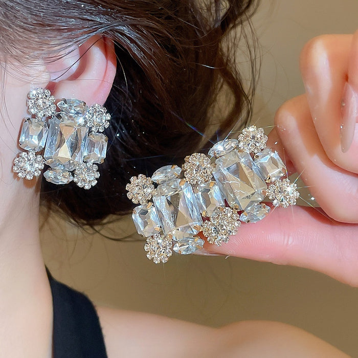 Light Luxury Square Crystal Full Rhinestone Copper Clip-on Earrings For Non Pierced Women