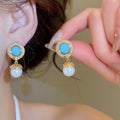 Bohemian Round Faux Pearl Stud Earrings Vintage Gold Rim Rhinestone Ethnic Jewelry view 4