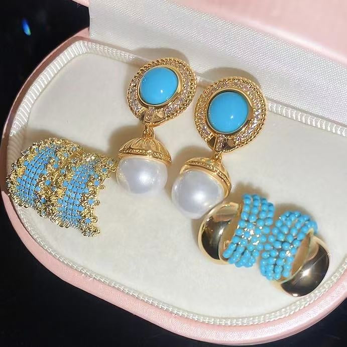 Bohemian Round Faux Pearl Stud Earrings Vintage Gold Rim Rhinestone Ethnic Jewelry