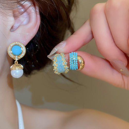 Bohemian Round Faux Pearl Stud Earrings Vintage Gold Rim Rhinestone Ethnic Jewelry