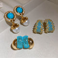 Bohemian Round Faux Pearl Stud Earrings Vintage Gold Rim Rhinestone Ethnic Jewelry view 3