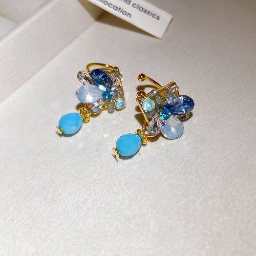 Vintage Blue Glazed Glass Rhinestone Teardrop Alloy Clip-on Earrings, Bohemian Resort Style
