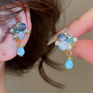 Vintage Blue Glazed Glass Rhinestone Teardrop Alloy Clip-on Earrings, Bohemian Resort Style