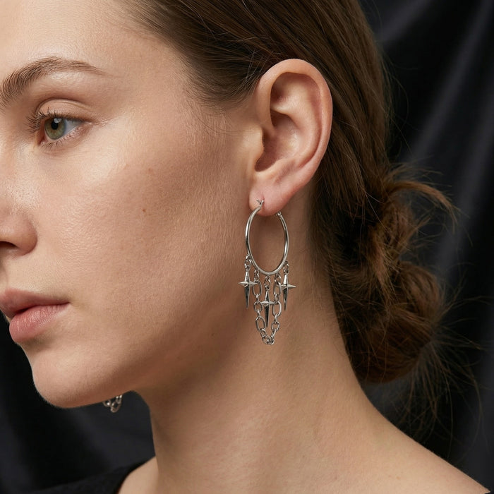 Luxury Rhinestone Fan Tassel Hoop Stud Earrings, Ethnic Silver Alloy Chain Star Charm Statement Earrings