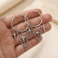 Luxury Rhinestone Fan Tassel Hoop Stud Earrings, Ethnic Silver Alloy Chain Star Charm Statement Earrings view 2