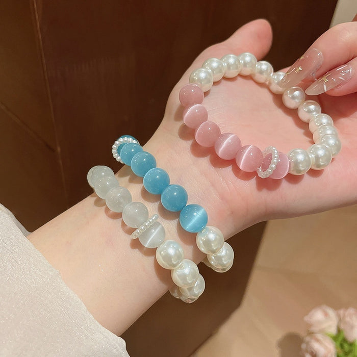 Pink Cat Eye Stone Beaded Bangle With Lotus Gourd Rabbit And Pixiu Charms Ethnic Style