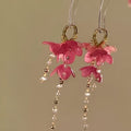 Pink Resin Flower Tassel Drop Earrings With Silver Needle Posts Vacation Style view 3