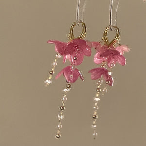 Pink Resin Flower Tassel Drop Earrings With Silver Needle Posts Vacation Style