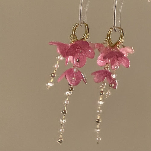 Pink Resin Flower Tassel Drop Earrings With Silver Needle Posts Vacation Style