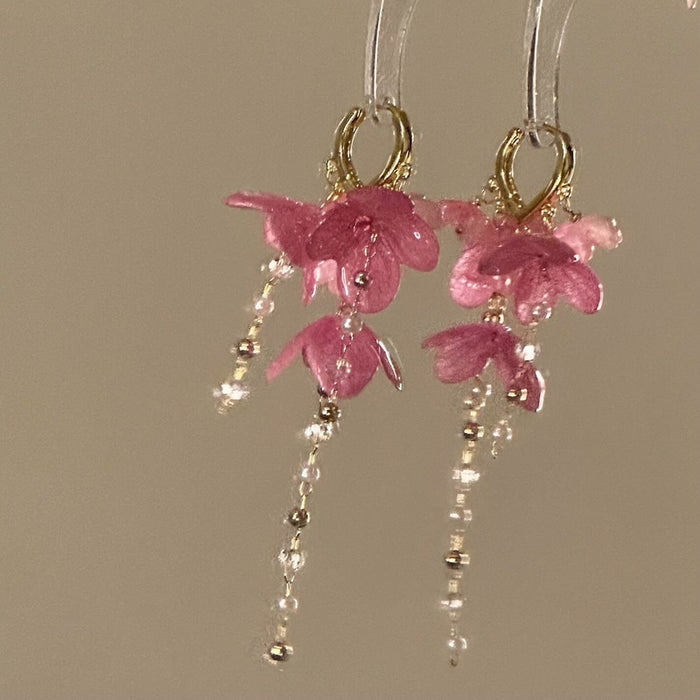 Pink Resin Flower Tassel Drop Earrings With Silver Needle Posts Vacation Style