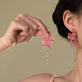 Pink Resin Flower Tassel Drop Earrings With Silver Needle Posts Vacation Style view 4
