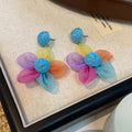 Colorful Raffia Flower Tassel Drop Stud Earrings Sweet Dopamine Floral Mesh Alloy Fashion Earrings view 3