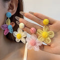 Colorful Raffia Flower Tassel Drop Stud Earrings Sweet Dopamine Floral Mesh Alloy Fashion Earrings view 1