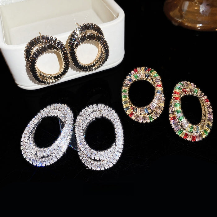 Colorful Zircon Spiral Oval Hoop Earrings For Women, Copper Geometric Light Luxury Jewelry