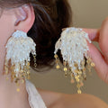 Faux Pearl Tassel Drop Earrings With Silver Pins Geometric Playful Vacation Style Jewelry view 1