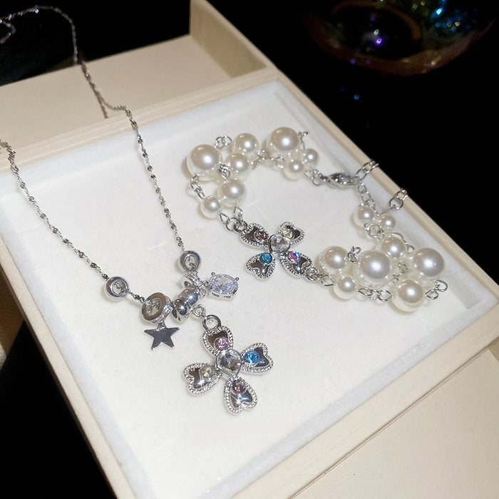 Old Money Alloy Rhinestone Cross Pearl Necklace Bracelet Jewelry Set Light Luxury Fashion
