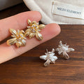 French Vintage Copper Zircon Flower Stud Earrings, Elegant Light Luxury Office Jewelry view 4