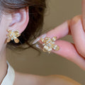 French Vintage Copper Zircon Flower Stud Earrings, Elegant Light Luxury Office Jewelry view 3