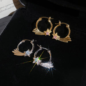Korean Style Copper Zircon Star Round Huggie Earrings, Minimalist Light Luxury Ear Jewelry