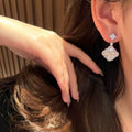 Light Luxury Copper Zircon Clover Flower Mother Of Pearl Pendant Stud Earrings Jewelry Set view 2