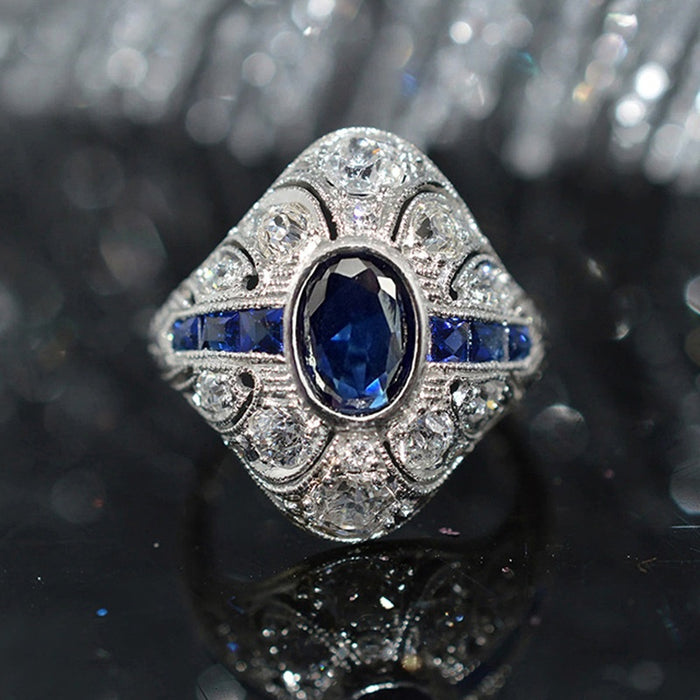 Luxury Palace Style Faux Sapphire Ring, Princess Jewelry With Steel Bead And Wax Set Zircon