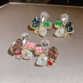 S925 Silver Needle Rhinestone Flower Faux Pearl Stud Earrings Dopamine Color Light Luxury view 3
