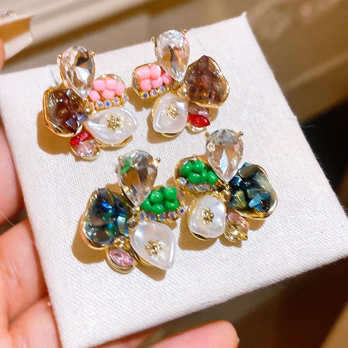S925 Silver Needle Rhinestone Flower Faux Pearl Stud Earrings Dopamine Color Light Luxury