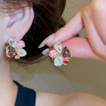 S925 Silver Needle Rhinestone Flower Faux Pearl Stud Earrings Dopamine Color Light Luxury view 4