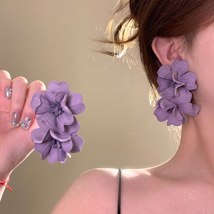Purple Fabric Flower Stud Earrings Vacation Style Fairy Forest Statement Jewelry