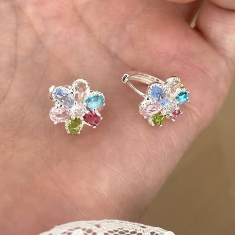 Colorful Alloy Flower Stud Earrings For Women Light Luxury Vacation Style Unique Floral Design