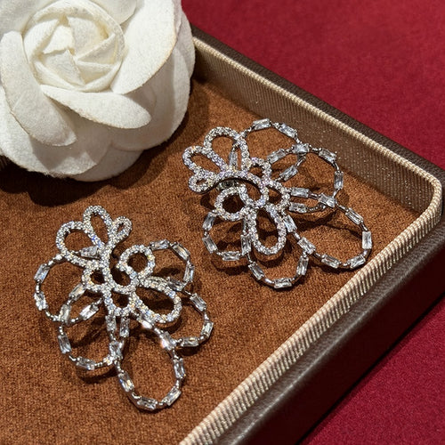 Light Luxury Copper Zircon Hollow Flower Drop Earrings With Silver Pins