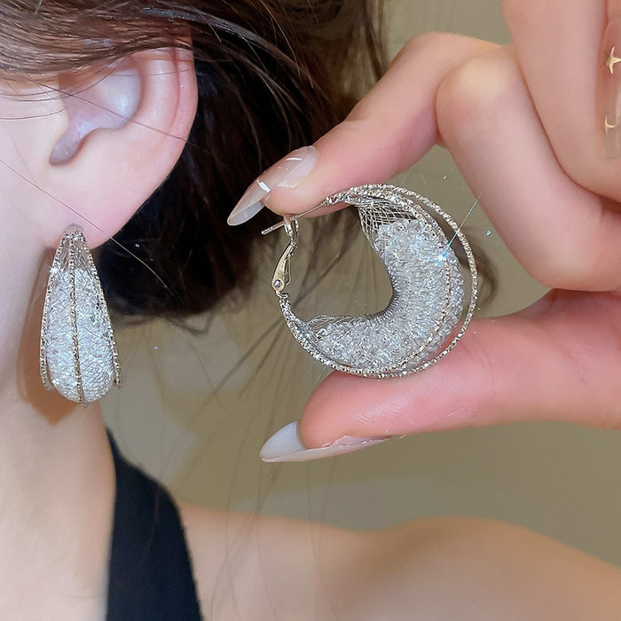 Luxury Copper Crystal C-Shaped Hollow Hoop Earrings With Silver Posts Elegant 2026 Style