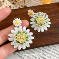 Glass Crystal Flower Drop Earrings With Knitted Fabric, Silver Needle Summer Vacation Style view 3
