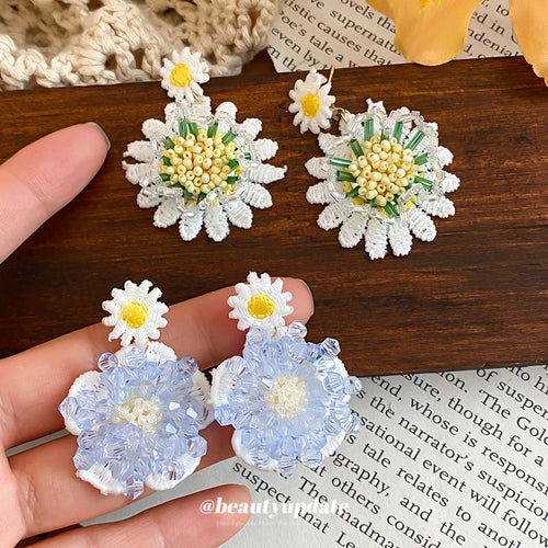 Glass Crystal Flower Drop Earrings With Knitted Fabric, Silver Needle Summer Vacation Style