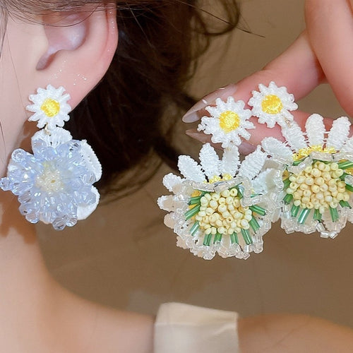 Glass Crystal Flower Drop Earrings With Knitted Fabric, Silver Needle Summer Vacation Style