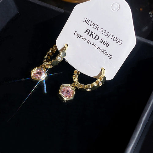 Copper Rhinestone Geometric Hexagon Pendant Drop Earrings For Women Light Luxury Designer Style