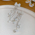 Elegant Faux Pearl Bow Zircon Petal Tassel Drop Earrings With Silver Posts view 4
