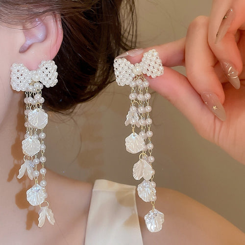 Elegant Faux Pearl Bow Zircon Petal Tassel Drop Earrings With Silver Posts
