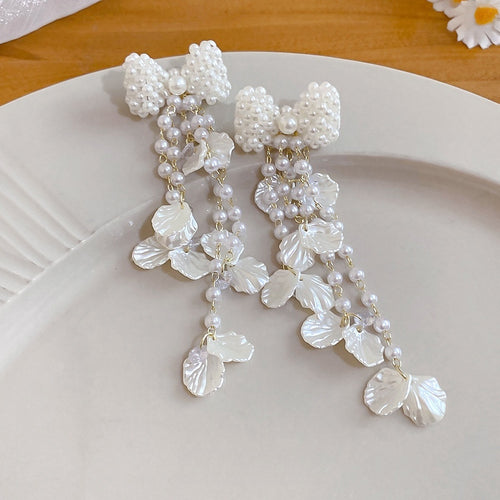 Elegant Faux Pearl Bow Zircon Petal Tassel Drop Earrings With Silver Posts