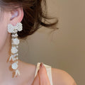 Elegant Faux Pearl Bow Zircon Petal Tassel Drop Earrings With Silver Posts view 3