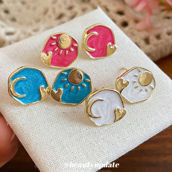 Alloy Enamel Heart Sun Moon Asymmetric Stud Earrings For Women Modern Minimalist Geometric Jewelry