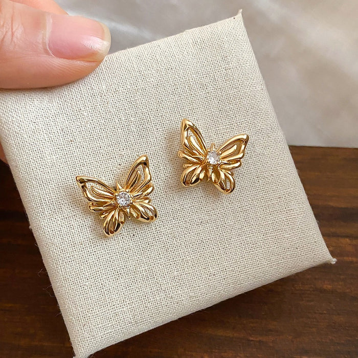 Copper Silver Pin 3D Hollow Butterfly Stud Earrings Vintage Light Luxury Modern Commuter Jewelry