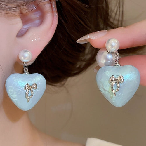 Blue Heart Bow Faux Pearl Stud Earrings For Women Playful Light Luxury Fashion Jewelry