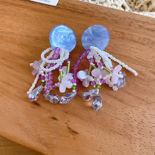 Acrylic Beaded Flower Round Blue Purple Tassel Clip-on Earrings Vacation Style Jewelry