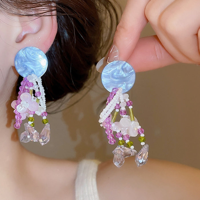 Acrylic Beaded Flower Round Blue Purple Tassel Clip-on Earrings Vacation Style Jewelry