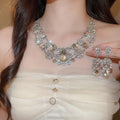 Alloy Rhinestone Teardrop Oval Flower Necklace Earrings Jewelry Set, Old Money Court Style view 4