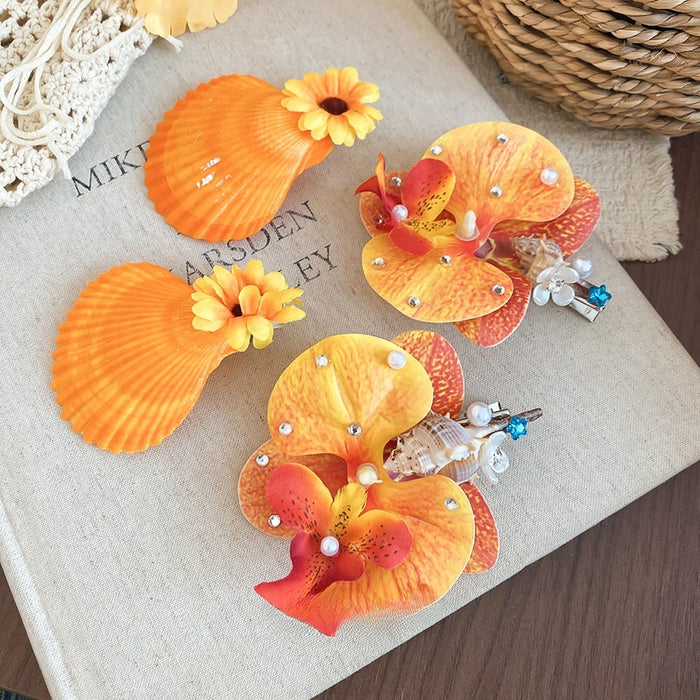 Fabric Flower Rhinestone Shell Floral Earrings For Women Summer Vacation Style Jewelry