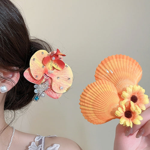 Fabric Flower Rhinestone Shell Floral Earrings For Women Summer Vacation Style Jewelry