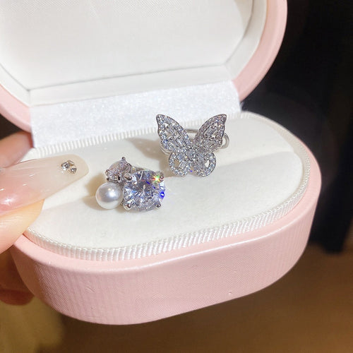 Luxury Copper Full Rhinestone Butterfly Clip-on Earrings for Women, No Piercing Ear Cuffs